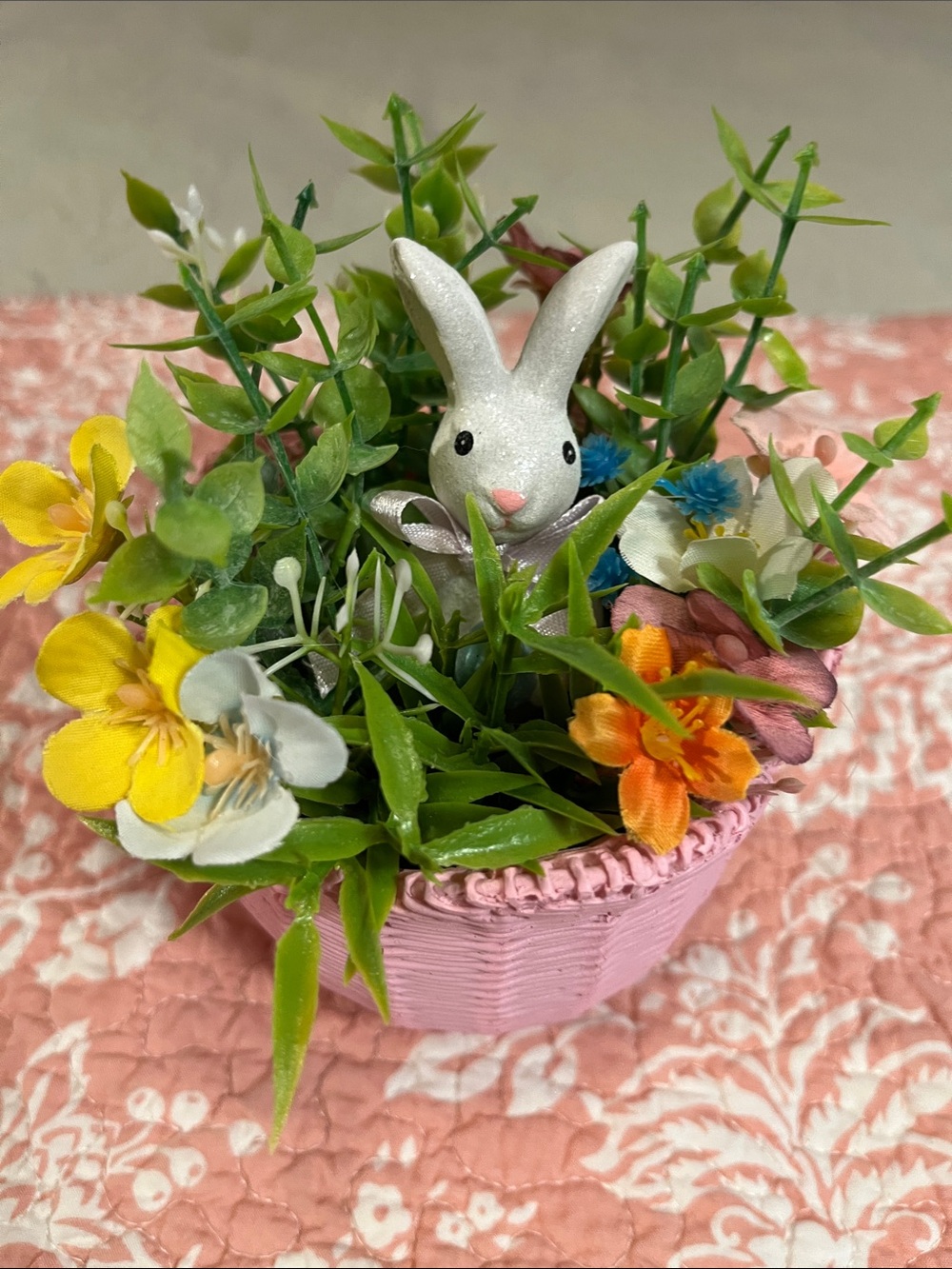 Easter Bunny Floral Basket - Pink, White, Yellow, Orange, Green